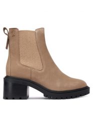 Tommy Hilfiger Botki Th Nubuck Chelsea Cleated Heel FW0FW09158 Beżowy. Brązowe botki damskie Tommy Hilfiger, bez wzorów, z nubiku, bez obcasa, na słupku, bez zapięcia. Za 599.99 zł.