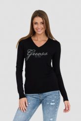 GUESS Czarny damski sweter Saige Logo Vn Ls Swtr. Czarne swetry nierozpinane damskie Guess, s, z aplikacjami, z materiału, eleganckie, bez kołnierzyka, bez ramiączek. W wyprzedaży za 324.99 zł.