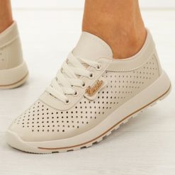 Beżowe ażurowe półbuty damskie Potocki 16346. Brązowe półbuty damskie POTOCKI, na lato, z aplikacjami, z jeansu, biznesowe, bez obcasa, na płaskiej podeszwie, bez zapięcia. W wyprzedaży za 122.32 zł.