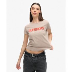 Dopasowana koszulka z logo odzieży sportowej. Brązowa koszulki sportowe damskie Superdry, l, bez wzorów, bez ramiączek. Za 126.20 zł.