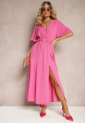 Różowa Kopertowa Sukienka z Gumką w Talii i Paskiem Amperi. Czerwone sukienki damskie Renee, l, bez wzorów, eleganckie, bez kołnierzyka, bez ramiączek, maxi, dopasowane. Za 54.99 zł.