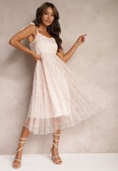 Różowa Taliowana Sukienka w Kwiaty Ozdobiona Ramiączkami z Wiązaniem Coradea. Czerwone sukienki damskie Renee, na co dzień, s, bez wzorów, z tkaniny, eleganckie, bez kołnierzyka, bez ramiączek, midi. Za 169.99 zł.