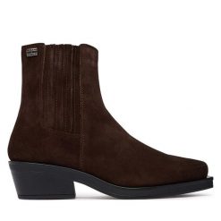 Botki Tommy Jeans. Brązowe botki damskie Tommy Jeans, bez wzorów, z jeansu, bez obcasa, na słupku, bez zapięcia. Za 649.99 zł.