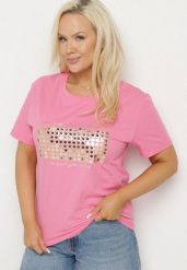 Różowy T-shirt Bawełniany Ozdobiony Cekinami Lirenell. Czerwone t-shirty damskie Born2be, xl, bez wzorów, z bawełny, biznesowe, bez kołnierzyka, bez ramiączek. Za 39.99 zł.