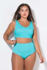 Damski Top bikini miękkie miseczki tasiemki do marszczenia po bokach. Zielone stroje kąpielowe damskie Ulla Popken, plus size, bez wzorów, z elastanu. Za 139.99 zł.
