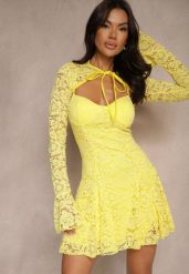 Żółta Koktajlowa Koronkowa Sukienka o Rozkloszowanym Kroju Nelfedi. Żółte sukienki damskie Renee, m, bez wzorów, z koronki, eleganckie, bez kołnierzyka, bez ramiączek, mini, rozkloszowane. Za 159.99 zł.