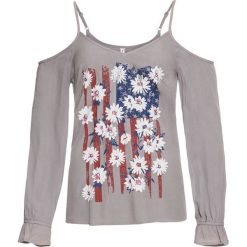 Bluzka z nadrukiem bonprix jasnoszary z nadrukiem. Szare bluzki damskie bonprix, bez wzorów, bez kołnierzyka, bez ramiączek. Za 39.99 zł.
