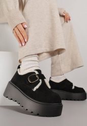 Czarne Śniegowce na Grubej Podeszwie z Paskiem z Klamerką i Futerkiem Uwedina. Czarne śniegowce damskie Born2be, z jeansu, bez zapięcia. Za 129.99 zł.