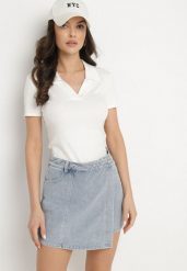 Jasnoniebieskie Jeansowe Spódnico-Szorty o Asymetrycznym Kroju z Ozdobnymi Przeszyciami Lisarennea. Niebieskie szorty damskie Born2be, bez wzorów, z jeansu, eleganckie. Za 139.99 zł.