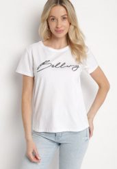 Biały Bawełniany T-shirt z Ozdobnym Napisem Virretis. Białe t-shirty damskie Born2be, m, bez wzorów, z bawełny, klasyczne, bez kołnierzyka, bez ramiączek. Za 34.99 zł.