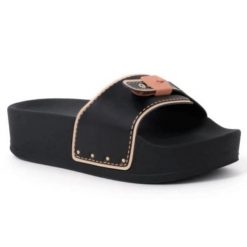 Klapki turystyczne damskie Scholl Pescura Moon Wedge. Czarne klapki damskie Scholl, na lato, bez wzorów, z materiału, eleganckie, bez obcasa, na koturnie, bez zapięcia. Za 187.04 zł.