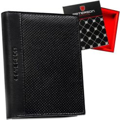 Skórzany portfel męski w czarnym kolorze w orientacji pionowej bez zapięcia zewnętrznego - Peterson. Czarne portfele męskie Peterson, bez wzorów. Za 129.00 zł.