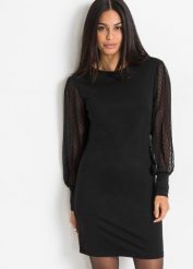 Sukienka z dżerseju, z mieszanki wiskozy. Czarne sukienki damskie bonprix, bez wzorów, z dżerseju, eleganckie, bez kołnierzyka, bez ramiączek. Za 124.99 zł.