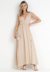 Beżowa Rozkloszowana Sukienka na Ramiączkach Seraphineme. Brązowe sukienki damskie Born2be, l, bez wzorów, eleganckie, bez kołnierzyka, bez ramiączek, maxi, rozkloszowane. Za 84.99 zł.