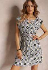 Niebiesko-Czarna Bawełniana Sukienka Mini w Mozaikowy Wzór z Gumką w Talii Fiyona. Niebieskie sukienki damskie Renee, l, bez wzorów, z bawełny, bez kołnierzyka, bez ramiączek, mini. Za 39.99 zł.