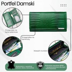 Portfel damski skórzany lakierowany zielony z tłoczeniem croco SP-16-CGRN. Zielone portfele damskie Jennifer Jones, z lakierowanej skóry. Za 99.00 zł.