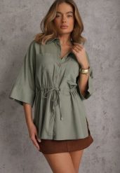 Zielona Koszula z Lnem Bawełną i Szerokimi Rękawami Moontwist. Zielone koszule damskie Renee, m, bez wzorów, z bawełny, casualowe, bez kołnierzyka, bez ramiączek. Za 139.99 zł.