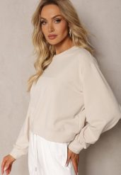Jasnobeżowa Oversize Bluza z Bawełny o Krótkim Fasonie Sibolla. Brązowe bluzy damskie Renee, l, bez wzorów, z bawełny, casualowe, bez ramiączek, bez kaptura. Za 49.99 zł.