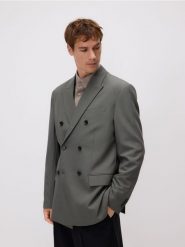 Marynarka slim fit z domieszką wiskozy - szary. Szare marynarki męskie Reserved, l, bez wzorów, z tkaniny, bez kołnierzyka, bez ramiączek. Za 359.99 zł.