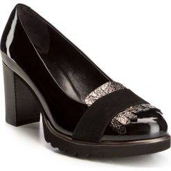 Buty damskie. Czarne czółenka damskie Wittchen, z aplikacjami, z lakierowanej skóry, eleganckie, bez obcasa, na słupku, bez zapięcia. W wyprzedaży za 359.90 zł.