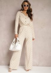 Beżowe Spodnie o Szerokim Kroju w Ozdobny Print z Kieszeniami Ashel. Brązowe spodnie materiałowe damskie Renee, bez wzorów, z jeansu, eleganckie. Za 79.99 zł.