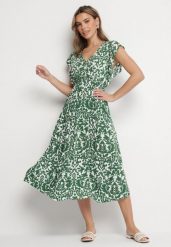 Zielona Bawełniana Sukienka Rozkloszowana z Falbankami w Ornamentalny Wzór Zaliette. Zielone sukienki damskie Born2be, na co dzień, l, bez wzorów, z bawełny, eleganckie, bez kołnierzyka, bez ramiączek, midi, rozkloszowane. Za 49.99 zł.