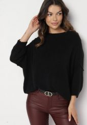 Czarny Sweter z Rękawami 7/8 z Domieszką Wełny Irilliane. Czarne swetry nierozpinane damskie Born2be, bez wzorów, z jeansu, eleganckie, bez kołnierzyka, bez ramiączek. Za 169.99 zł.