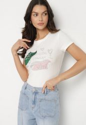 Biały Bawełniany T-shirt z Nadrukiem z Cyrkoniami Karissen. Białe t-shirty damskie Born2be, m, bez wzorów, z bawełny, eleganckie, bez kołnierzyka, bez ramiączek. Za 34.99 zł.