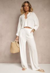 Białe Spodnie z Lnem i Bawełną o Szerokim Kroju High Waist Sallieta. Białe spodnie materiałowe damskie Renee, bez wzorów, z bawełny, z podwyższonym stanem. Za 64.99 zł.
