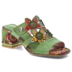 Klapki damskie Laura Vita, cholewka skóra naturalna kwiatowe aplikacje wsuwany fason otwarty nosek stabilny obcas miękka wkładka, zielone, Jacqueso 0. Zielone klapki damskie Laura Vita, z aplikacjami, ze skóry, z otwartym noskiem, bez obcasa, na obcasie, bez zapięcia. Za 278.90 zł.