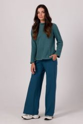 Prosta Bluza z Wysokim Kołnierzem - Turkusowa. Niebieskie bluzy damskie MOE, l, bez wzorów, z bawełny, bez ramiączek, bez kaptura. Za 254.90 zł.