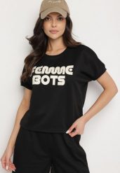 Czarny T-shirt Ozdobiony Napisem Devenee. Czarne t-shirty damskie Born2be, l, bez wzorów, z jeansu, klasyczne, bez kołnierzyka, bez ramiączek. Za 29.99 zł.