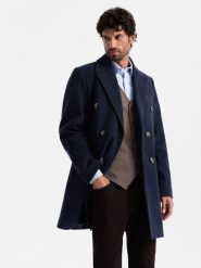 Dwurzędowy męski płaszcz z ozdobnymi guzikami – indygo V1 OM-COWC-0109 - XXL. Płaszcze męskie Ombre Clothing, l, bez wzorów, z materiału, eleganckie, bez kołnierzyka, bez kaptura. Za 299.99 zł.