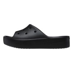 Klapki Crocs Classic Platform Slide Z Klapkami Damskie. Czarne klapki damskie Crocs, bez wzorów, z materiału, klasyczne, bez obcasa, na platformie, bez zapięcia. Za 139.99 zł.