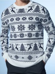 Sweter z motywem świątecznym - kremowy. Białe swetry męskie Sinsay, l, bez wzorów, wizytowe, bez kołnierzyka, bez ramiączek. Za 79.99 zł.