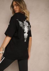 Czarna Koszulka T-shirt Ozdobiona Nadrukiem na Plecach Arilora. Czarne bluzki damskie Renee, l, bez wzorów, bez kołnierzyka, bez ramiączek. Za 39.99 zł.