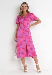 Fioletowa Rozkloszowana Sukienka w Kwiaty Avoane. Fioletowe sukienki damskie Born2be, na lato, s, bez wzorów, bez kołnierzyka, bez ramiączek, midi, rozkloszowane. Za 79.99 zł.