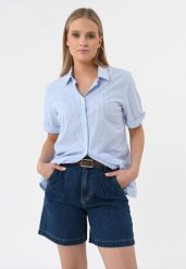 Koszula damska w paski C-FIDA. Niebieskie koszule damskie Volcano, l, bez wzorów, z bawełny, klasyczne, bez kołnierzyka, bez ramiączek. Za 99.99 zł.