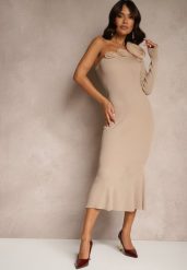 Ciemnobeżowa Asymetryczna Sukienka Koktajlowa z Kwiatami Issalea. Brązowe sukienki damskie Renee, na imprezę, z aplikacjami, eleganckie, z asymetrycznym kołnierzem, bez ramiączek, maxi, asymetryczne. Za 119.99 zł.