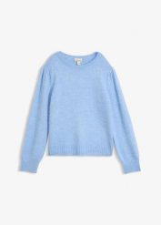 Sweter z bufiastymi rękawami. Niebieskie swetry nierozpinane damskie bonprix, bez wzorów, z dzianiny, bez kołnierzyka, bez ramiączek. Za 129.99 zł.