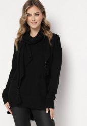 Czarny Sweter o Lekko Luźnym Kroju z Szalikiem w Komplecie Beruma. Czarne swetry nierozpinane damskie Born2be, na zimę, l, bez wzorów, bez kołnierzyka, bez ramiączek. Za 109.99 zł.