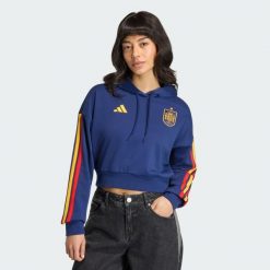 Bluza z kapturem Hiszpania DNA. Niebieskie bluzy damskie Adidas, bez wzorów, klasyczne, bez ramiączek, z kapturem. Za 259.00 zł.