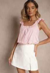 Różowy Bawełniany Top o Bufiastym Kroju na Marszczonych Ramiączkach Sefionne. Czerwone topy damskie Renee, l, bez wzorów, z bawełny, eleganckie, bez kołnierzyka, bez ramiączek. Za 59.99 zł.