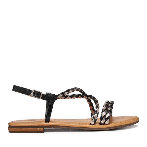 Sandały Geox. Czarne sandały damskie Geox, bez wzorów, bez obcasa, na płaskiej podeszwie, bez zapięcia. Za 253.99 zł.