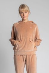 Welurowa Bluza Kangurka z Reglanowym Rękawem - Beżowa. Brązowe bluzy damskie MOE, l, bez wzorów, z elastanu, bez ramiączek, bez kaptura. Za 299.90 zł.