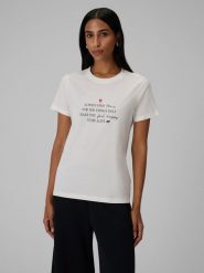 4F T-shirt regular z nadrukiem damski - kremowy XXL. Białe t-shirty damskie 4F, m, bez wzorów, z bawełny, klasyczne, bez kołnierzyka, bez ramiączek. Za 69.99 zł.
