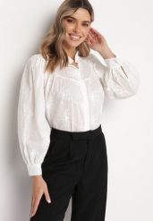 Biała Haftowana Koszula z Bawełny Hioria. Białe koszule damskie Born2be, l, bez wzorów, z bawełny, bez kołnierzyka, bez ramiączek. Za 109.99 zł.