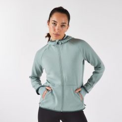 Bluza do biegania damska Kiprun Run 500 Warm ocieplana. Zielone bluzy damskie KIPRUN, s, bez wzorów, z elastanu, sportowe, bez ramiączek, bez kaptura. Za 159.99 zł.