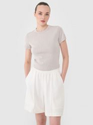 4F T-shirt slim z prążkowanej dzianiny damski - beżowy XS. Brązowe t-shirty damskie 4F, xs, bez wzorów, z bawełny, klasyczne, bez kołnierzyka, bez ramiączek. W wyprzedaży za 49.99 zł.