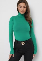 Zielony Sweter Golf o Dopasowanym Fasonie Bewina. Zielone swetry nierozpinane damskie Born2be, m, z aplikacjami, z dzianiny, bez kołnierzyka, bez ramiączek. Za 49.99 zł.